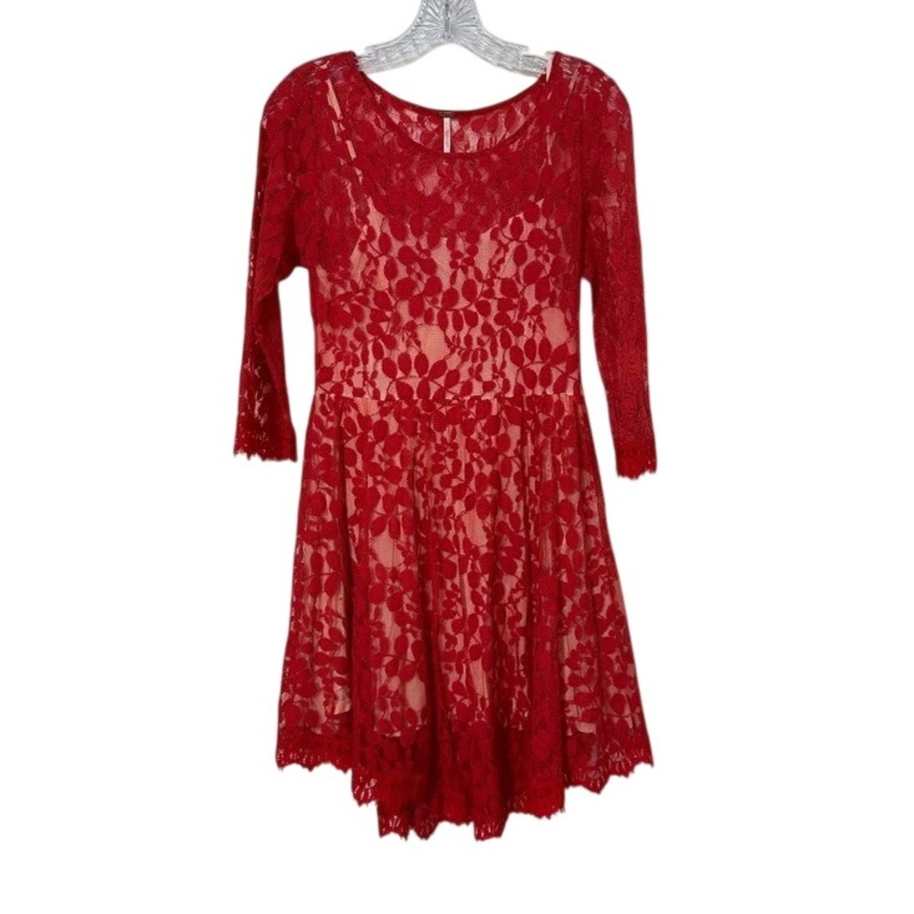 Free People Lace Mini Dress Womens Red Floral Fit & Flare Scoop Neck 3/4 Sleeve